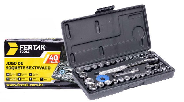 JOGO DE SOQUETE SEXTAVADO 40PCS C/ CHAVE CATRACA FERTAK